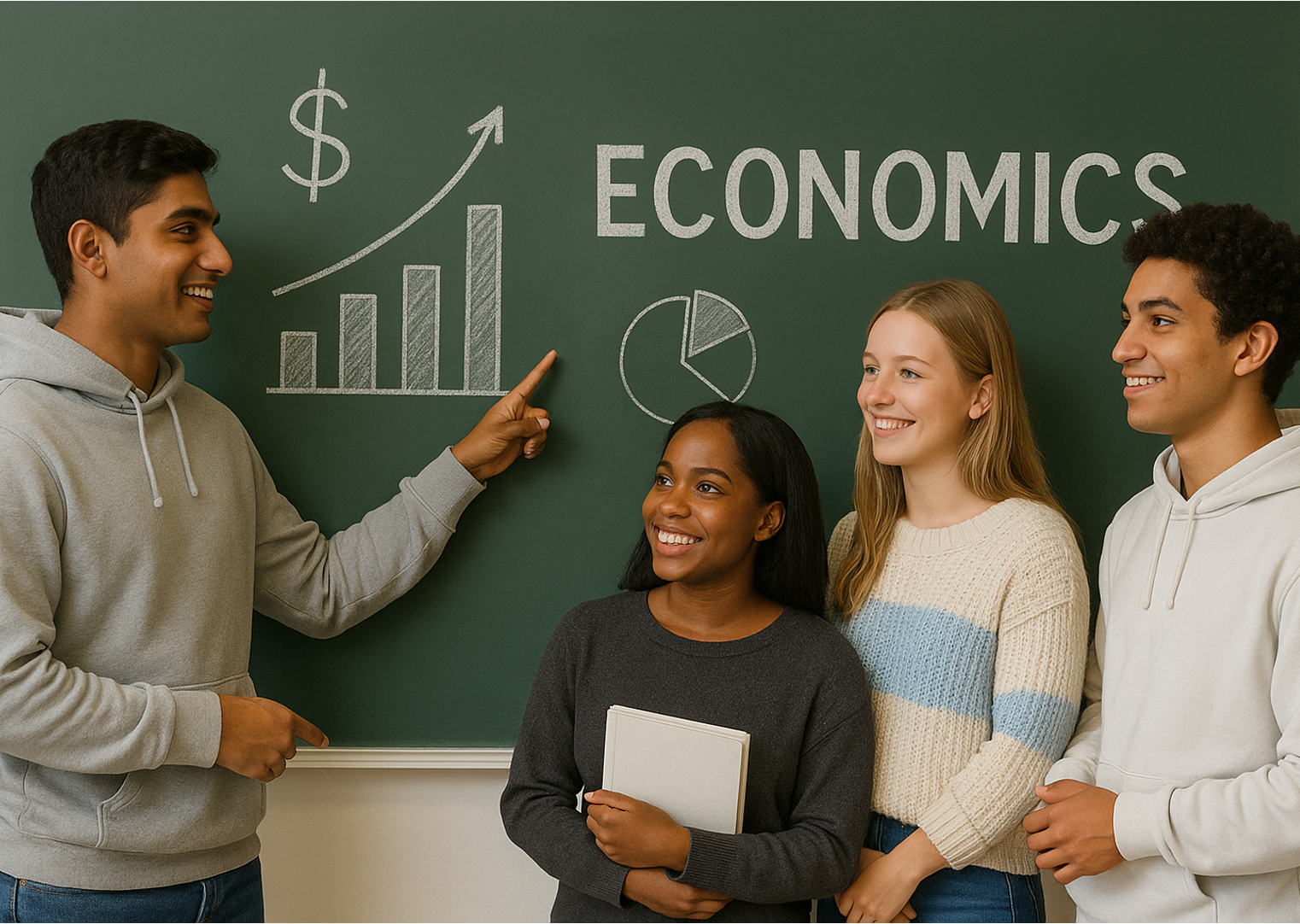 Diverse group of high school students in front of a chalkboard with economic graphs and formulas.
